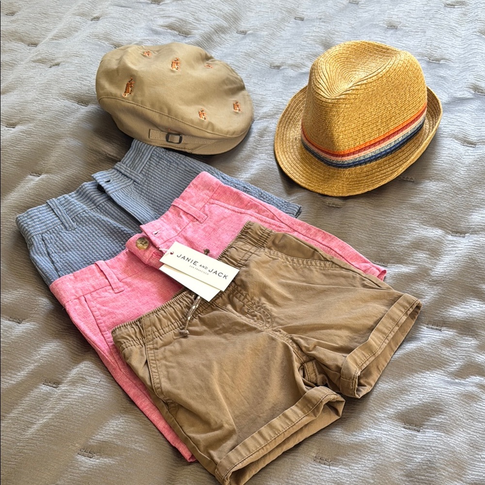 Janie and Jack Kids Shorts and Hat Set in Pink, Blue, and Tan